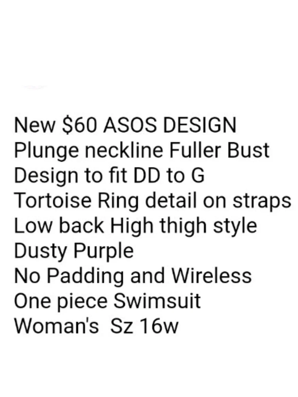 ASOS DESIGN Wireless Swimsuit Fuller Bust Ring Detail Mauve 16W DD-G Resort New